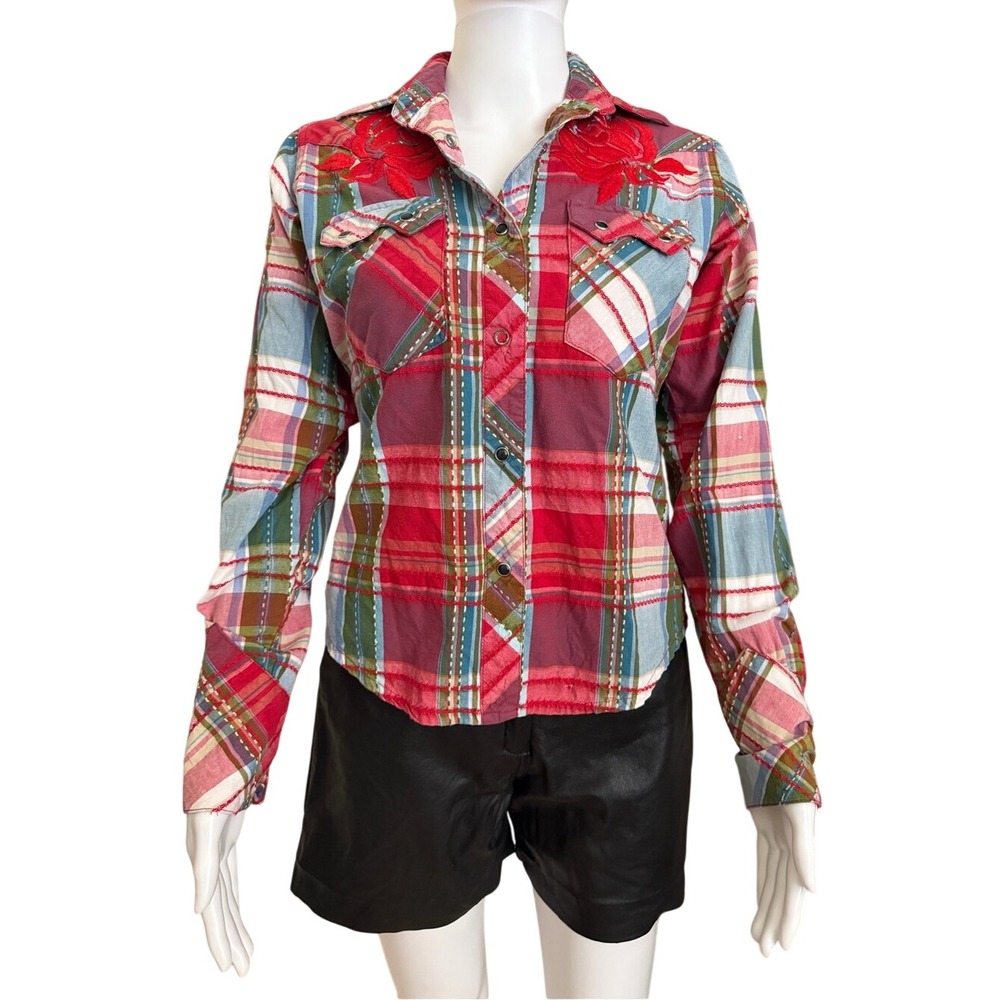 Western Denim Bank Red Plaid Button Down Long Sleeve Shirt Size Medium